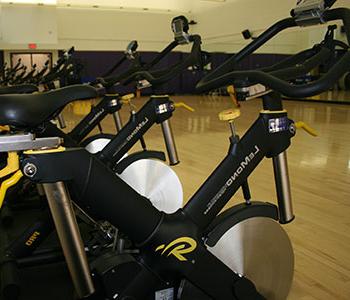 室内健身房里的一排健身自行车
